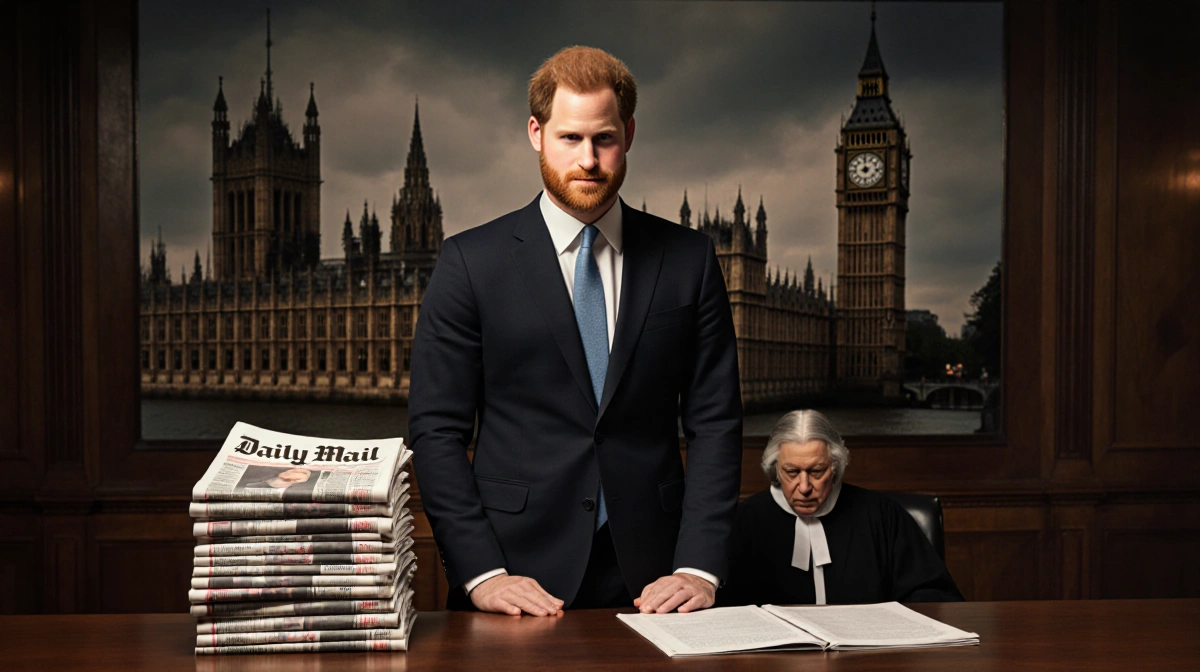 Prince Harry standing before judge with Daily Mail newspapers and court documents stacked on courtroom table