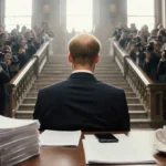 Prince Harry sits alone in courtroom with reporters crowding the staircase and legal papers covering the table