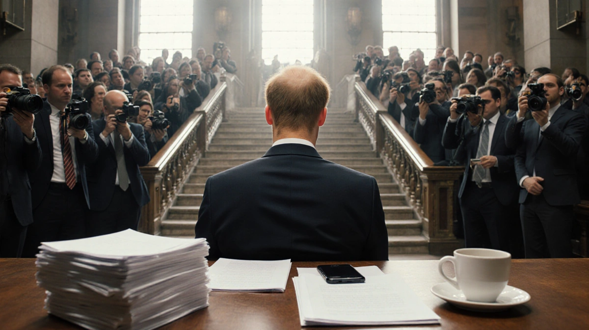 Prince Harry sits alone in courtroom with reporters crowding the staircase and legal papers covering the table