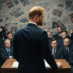 Prince Harry stands at courtroom podium facing journalists with newspaper headlines and cameras behind