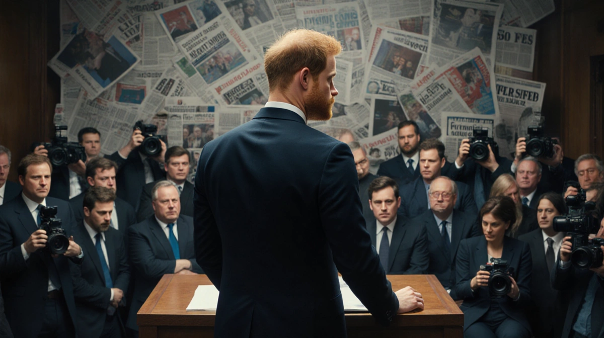 Prince Harry stands at courtroom podium facing journalists with newspaper headlines and cameras behind