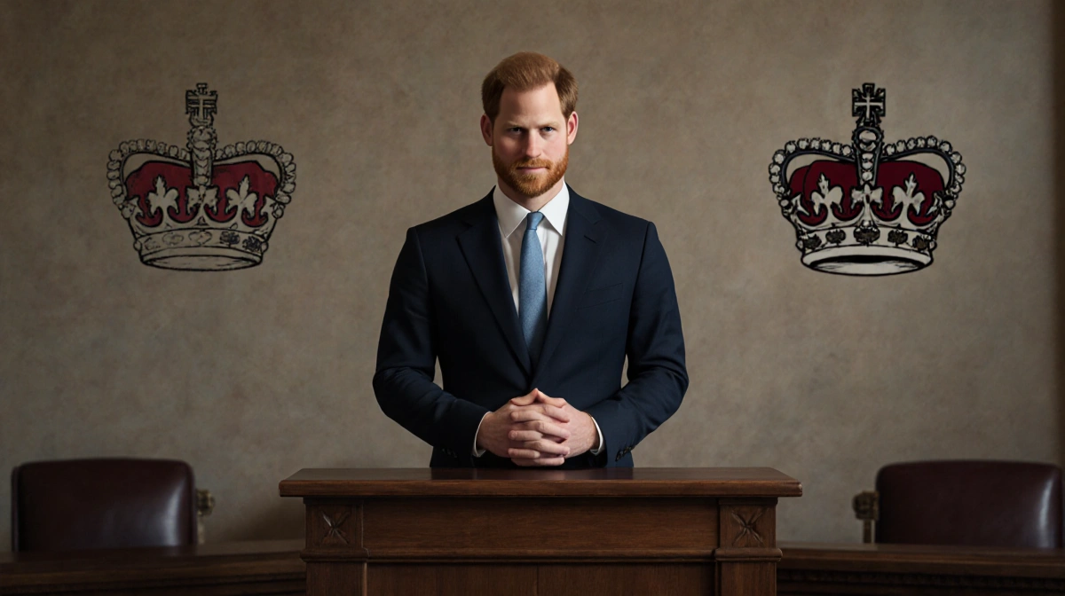 Prince Harry testifying in courtroom with hands clasped and Scottish Crown Jewels visible behind witness stand