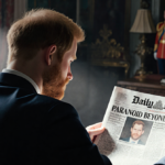 Prince Harry stands at desk looking over shoulder at newspaper with the headline Paranoid Beyond Belief and shadow on face