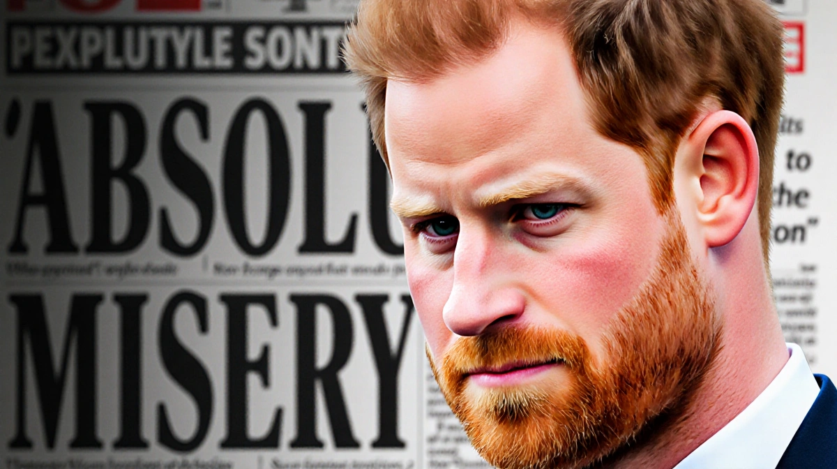 Prince Harry looking down with disappointment addressing media with tabloid headline reading absolute misery behind him