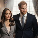 Prince Harry embraces Elizabeth Hurley with arms around each other in a crowded courtroom lit by warm natural light.