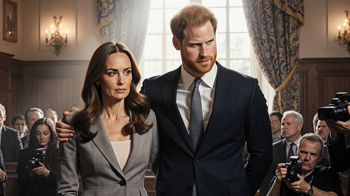 Prince Harry embraces Elizabeth Hurley with arms around each other in a crowded courtroom lit by warm natural light.