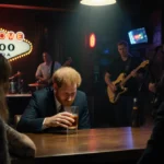 Prince Harry sits alone at bar with neon tattoo parlor sign glowing behind him and friends watching disapprovingly