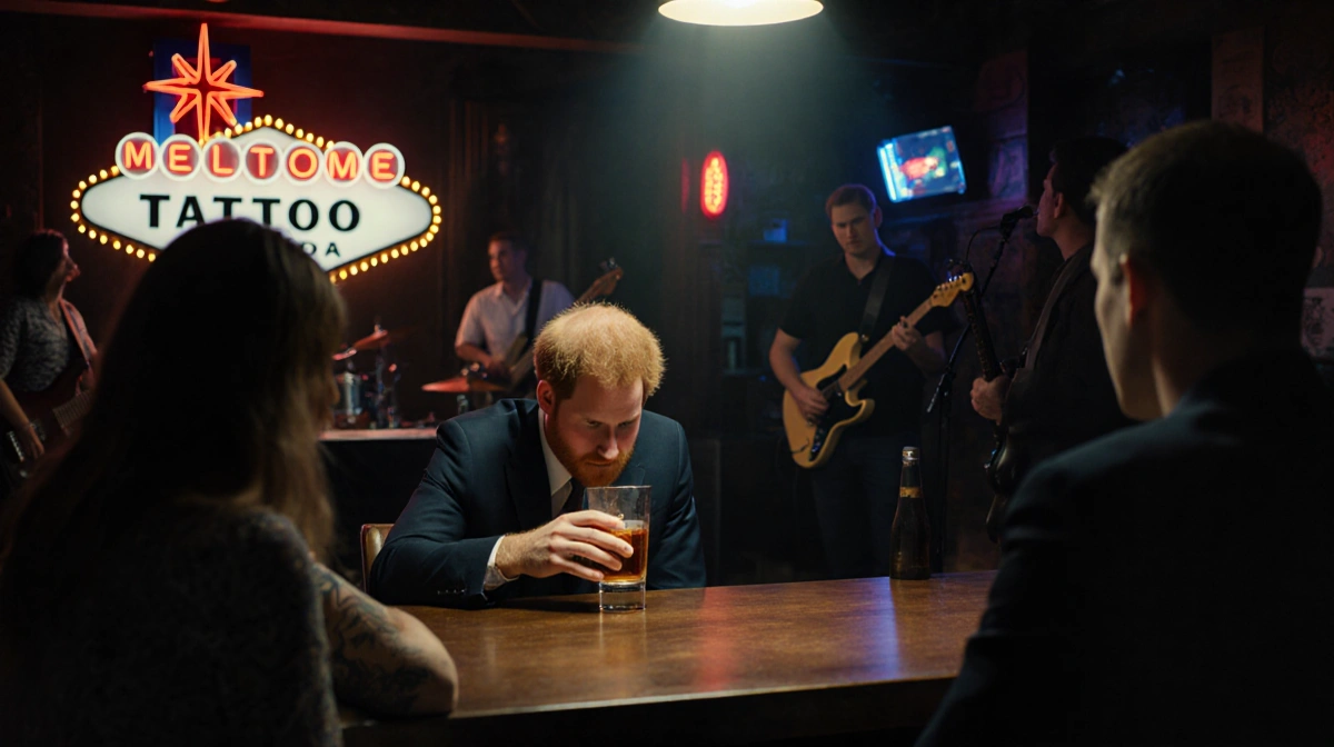 Prince Harry sits alone at bar with neon tattoo parlor sign glowing behind him and friends watching disapprovingly