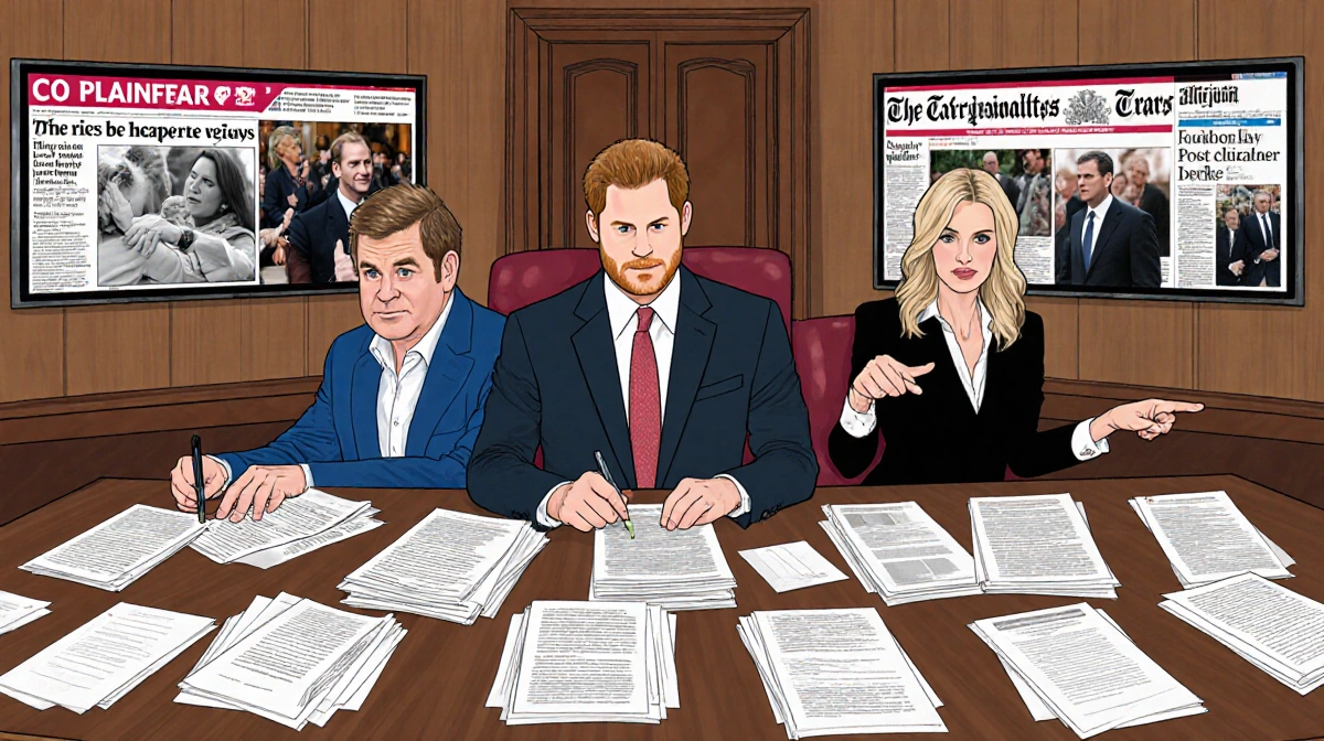 Prince Harry sits with Elton John and celebrity co-plaintiffs pointing at court documents in their legal battle against newsp