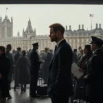 Prince Harry standing alone at train station with Buckingham Palace visible through foggy window and security nearby