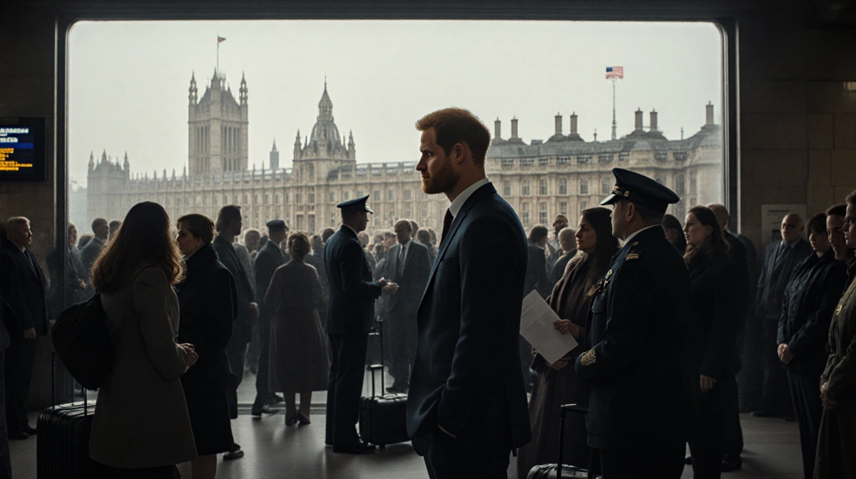 Prince Harry standing alone at train station with Buckingham Palace visible through foggy window and security nearby