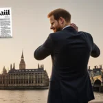 Prince Harry stands confidently with back to camera and London sunset skyline behind him