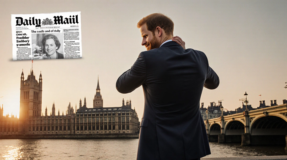 Prince Harry stands confidently with back to camera and London sunset skyline behind him