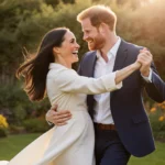 Prince Harry playfully dancing with Meghan Markle in their backyard with golden sunset and flowers
