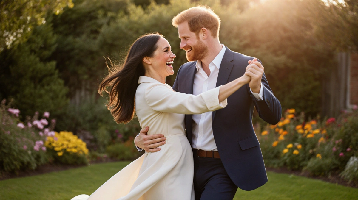 Prince Harry playfully dancing with Meghan Markle in their backyard with golden sunset and flowers