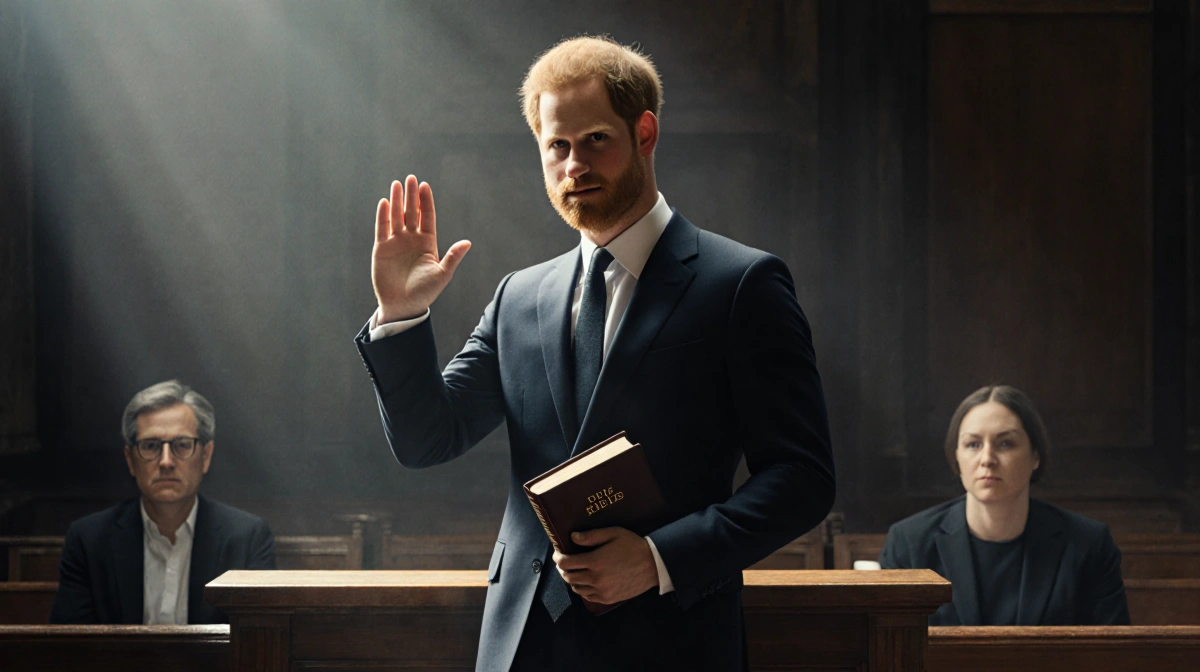 Prince Harry taking oath in courtroom with Bible in hand and judge's bench behind