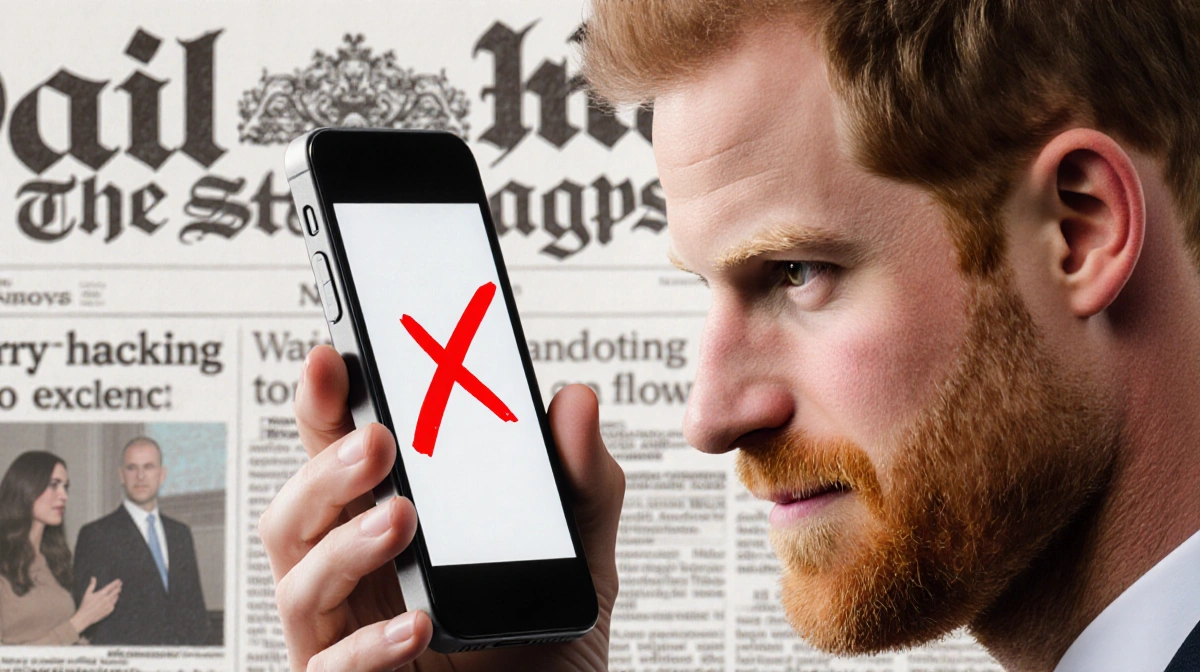 Prince Harry holding smartphone with red X through it with Daily Mail logo blurred behind