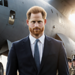 Prince Harry stands before a military transport aircraft RAF Credenhill with blurred landing gear hint and natural light.