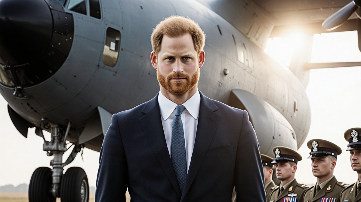 Prince Harry stands before a military transport aircraft RAF Credenhill with blurred landing gear hint and natural light.