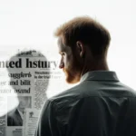 Prince Harry stands with back to camera and tabloid silhouette behind him showing determination