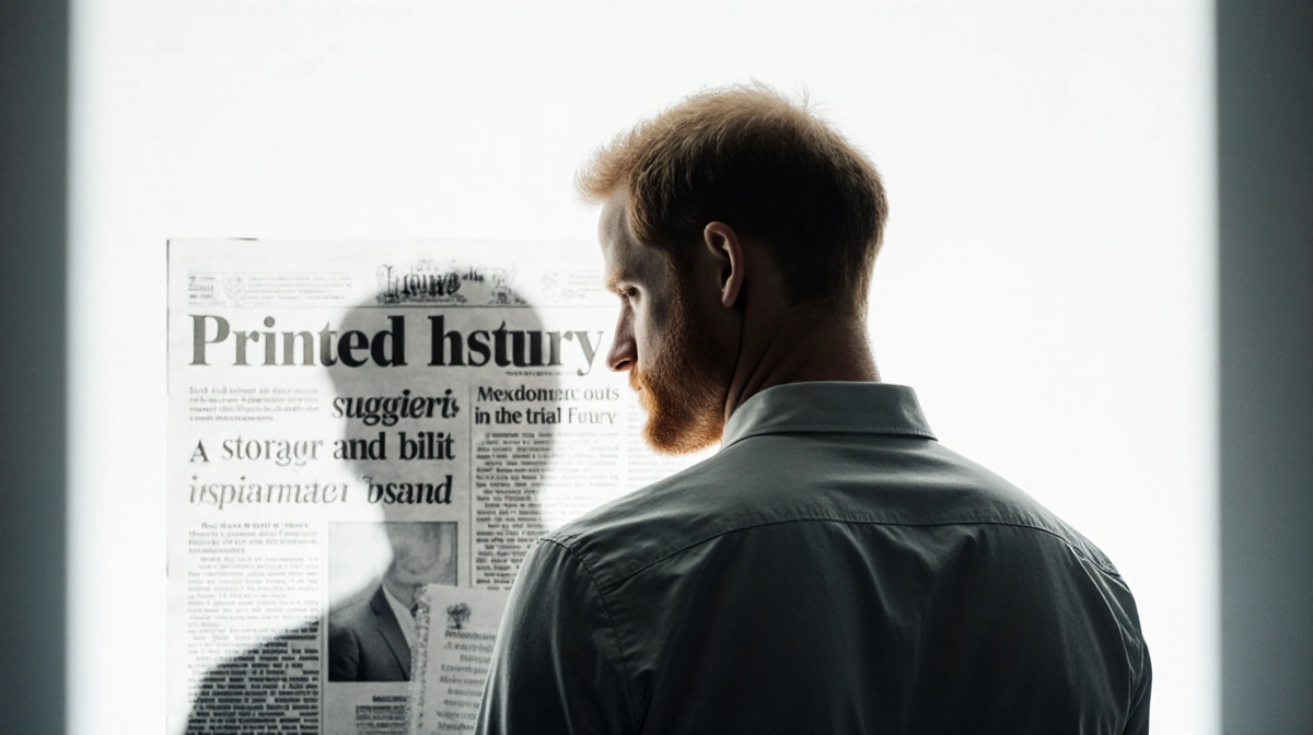 Prince Harry stands with back to camera and tabloid silhouette behind him showing determination