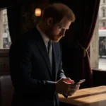 Prince Harry stands alone in dimly lit pub with tears in his eyes while checking phone