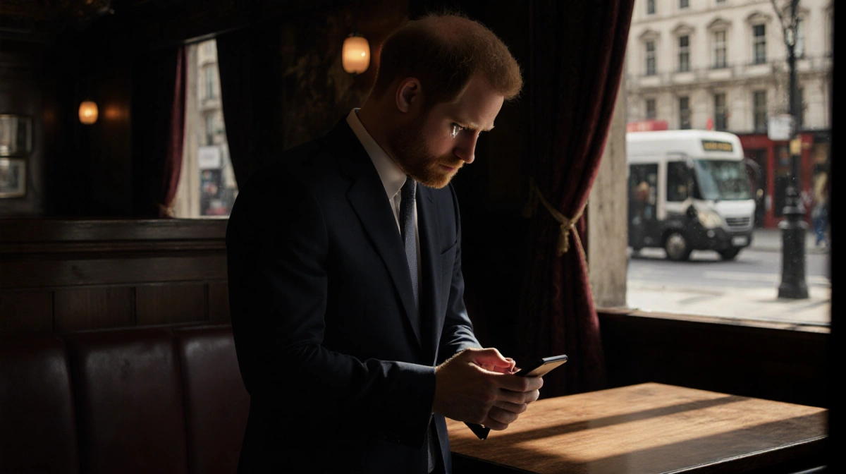 Prince Harry stands alone in dimly lit pub with tears in his eyes while checking phone