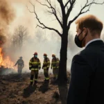 Prince Harry stands with firefighters in hazmat suits battling wildfire near charred tree