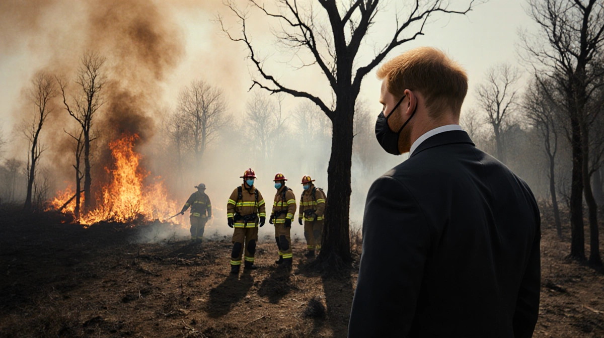 Prince Harry stands with firefighters in hazmat suits battling wildfire near charred tree