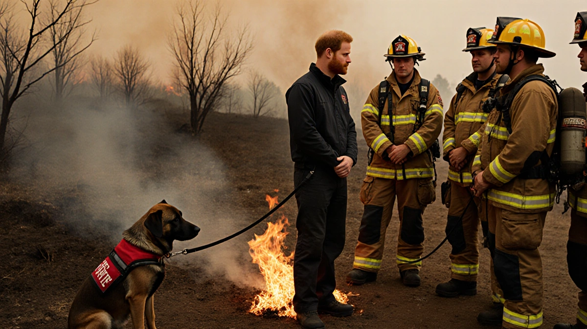 Prince Harry stands with firefighters and therapy dogs Cruz and Taffy near wildfire flames with charred trees behind