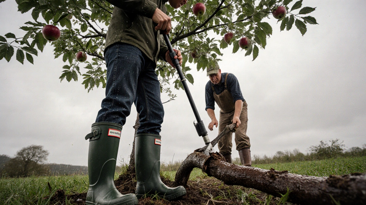 Prince William pruning apple tree with farmer below and branch on wet ground