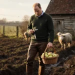 Prince William holds pruning shears and apples with sheep grazing near muddy farm fields