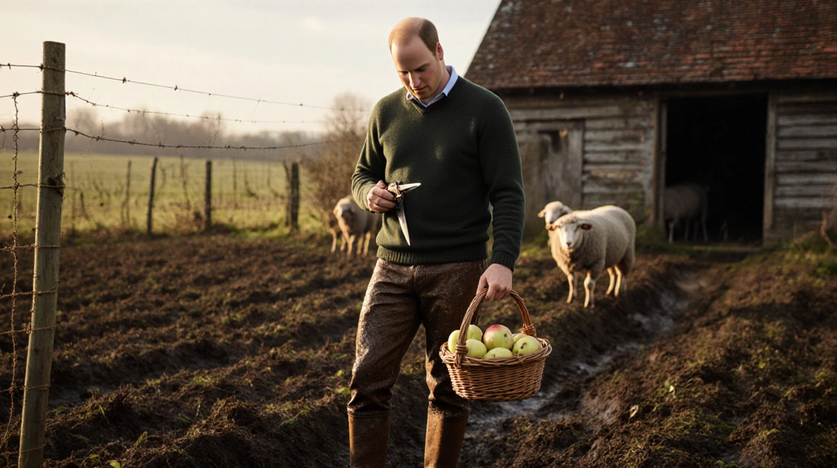 Prince William holds pruning shears and apples with sheep grazing near muddy farm fields