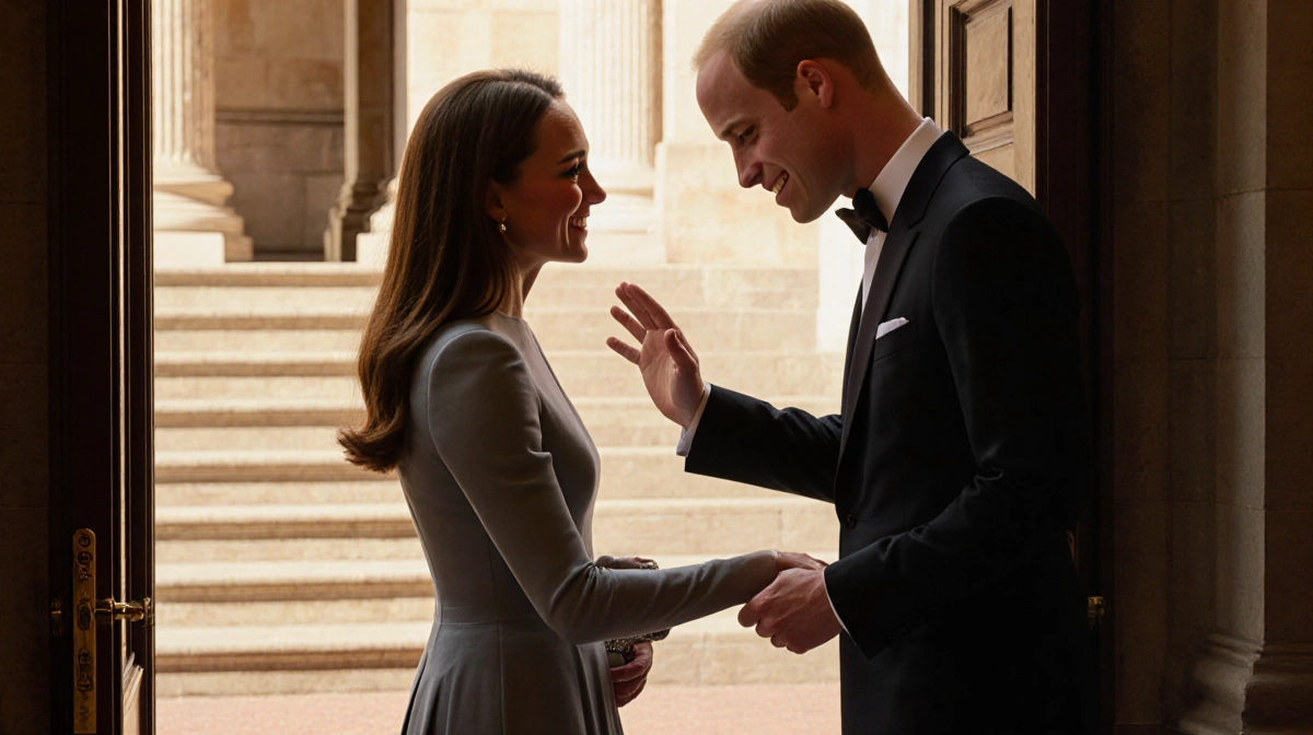 Prince William opening door for Kate Middleton with palace steps behind and golden light on both figures