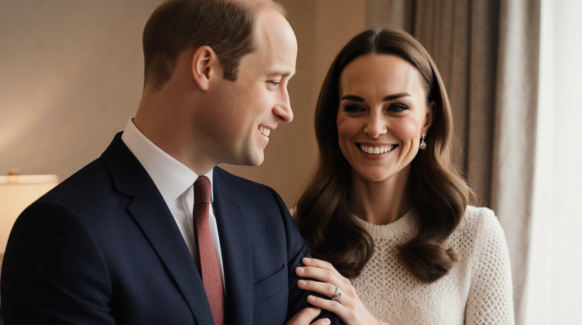 Prince William gently guiding Kate Middleton's hand off his arm with warm smile showing their affectionate bond