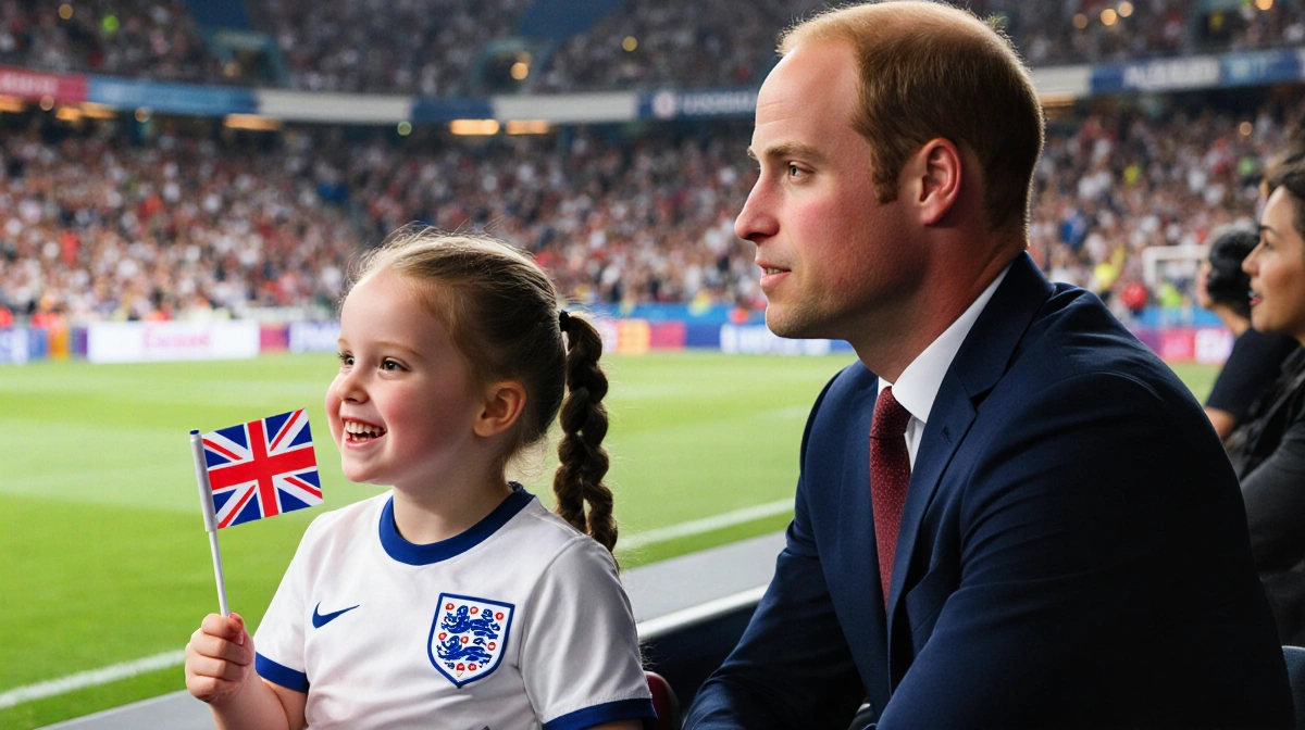 Prince William and Princess Charlotte watch England women's football with Union Jack flag and stadium crowd behind