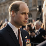 Prince William standing alone at a royal event with medals and a distant smartphone in the blurred background