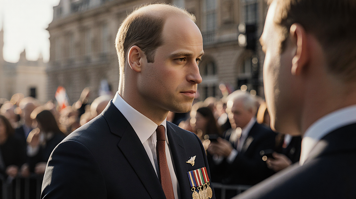 Prince William standing alone at a royal event with medals and a distant smartphone in the blurred background