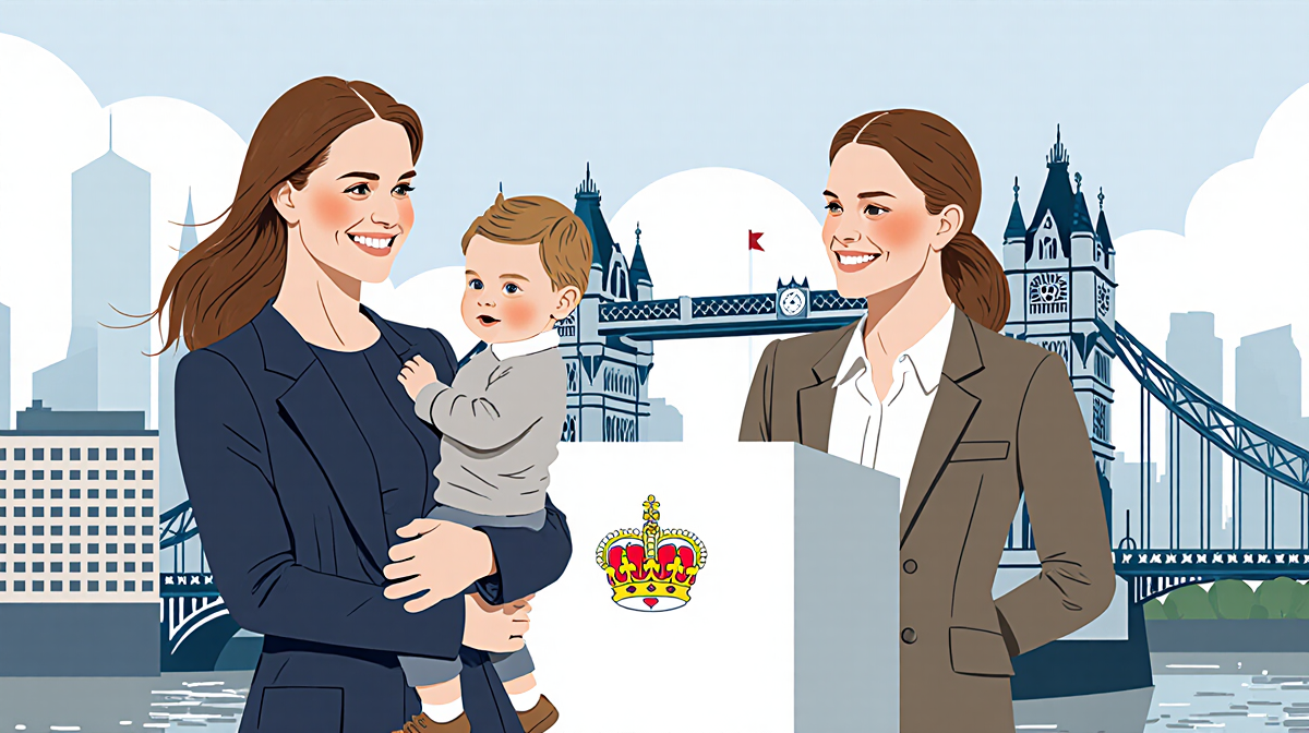 Princess Beatrice and Princess Eugenie standing together with a child and a royal crest pedestal against a London skyline.