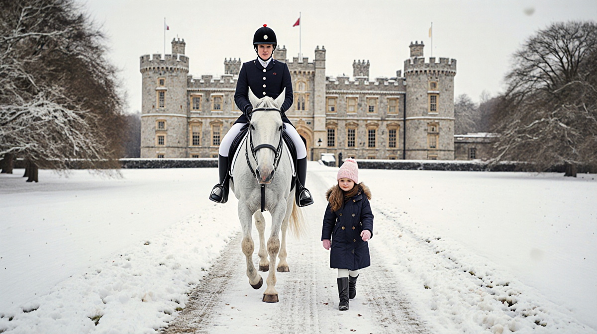 Princess Beatrice rides her horse with daughter Sienna on a snowy trail near Windsor Castle.