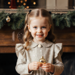 Princess Charlotte holding a delicate Christmas ornament with a radiant smile in front of a backdrop with greenery garland