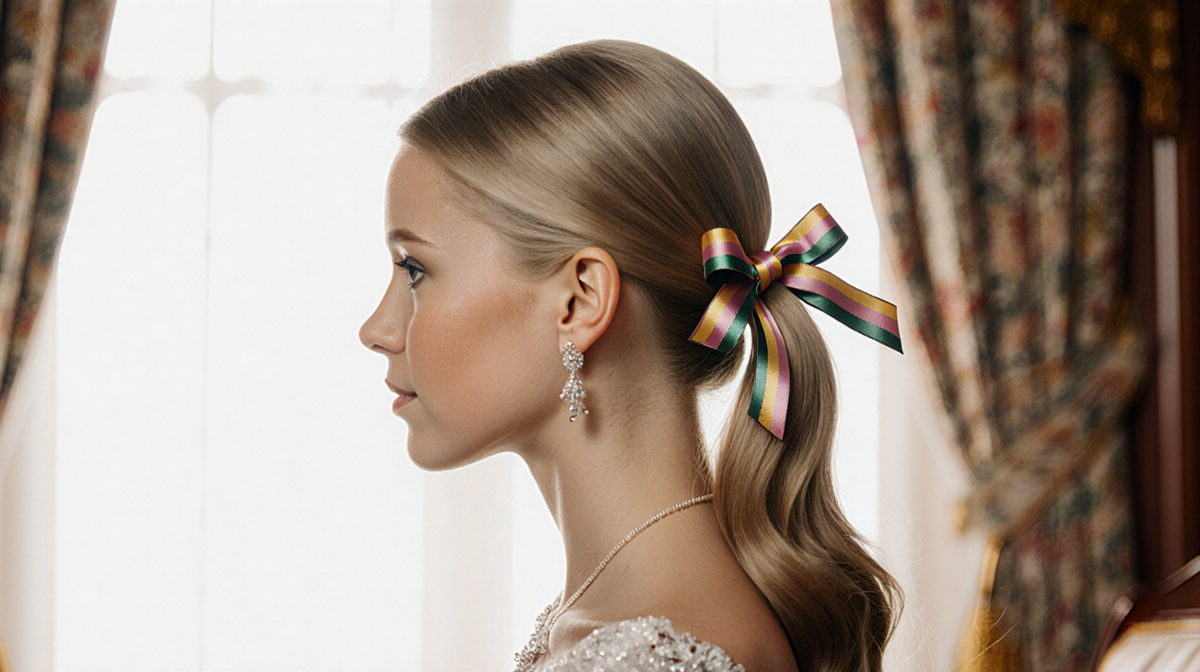 Princess Charlotte smiles with a sleek half-ponytail and colorful bow in a regal setting.