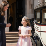 Princess Charlotte standing with Kate Middleton holding a silver tiara near Buckingham Palace steps and a royal carriage