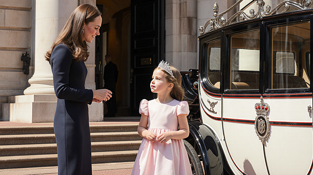 Princess Charlotte standing with Kate Middleton holding a silver tiara near Buckingham Palace steps and a royal carriage