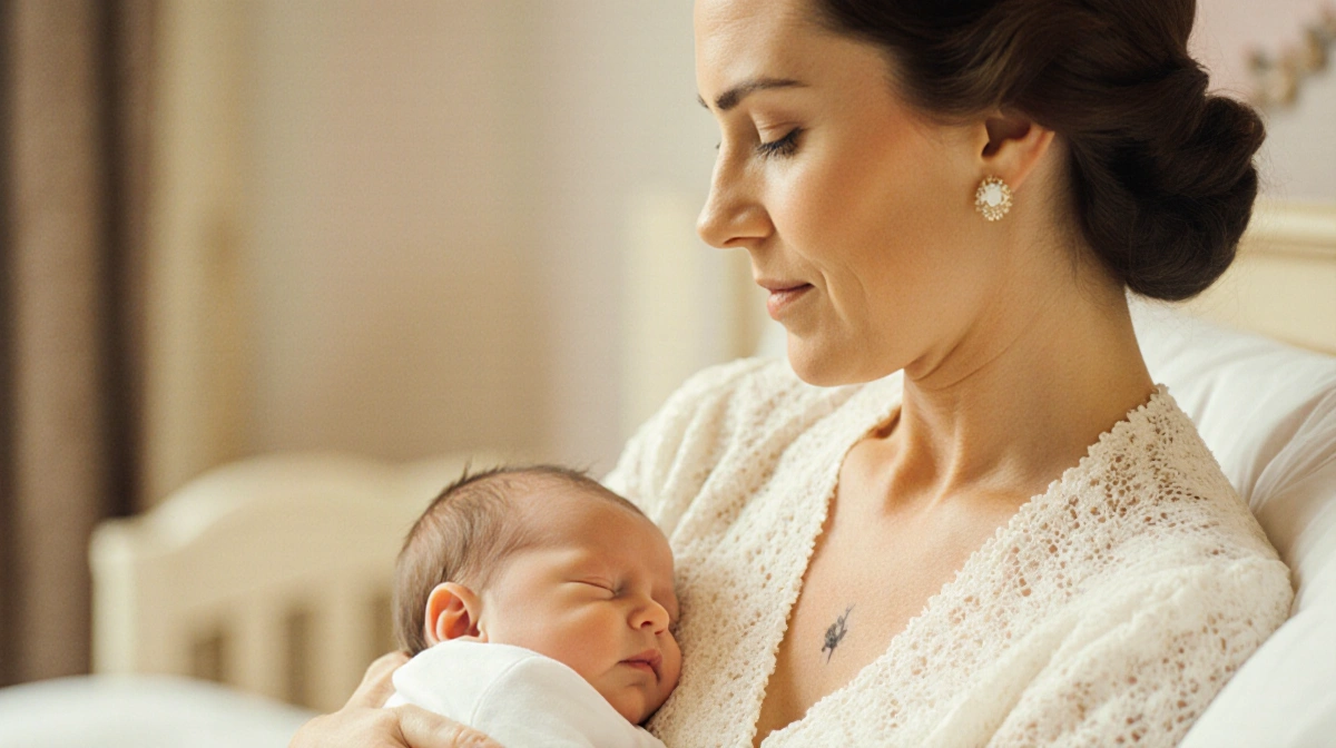 Princess Elizabeth resting on Duchess of York's lap with royal nursery background and golden lighting