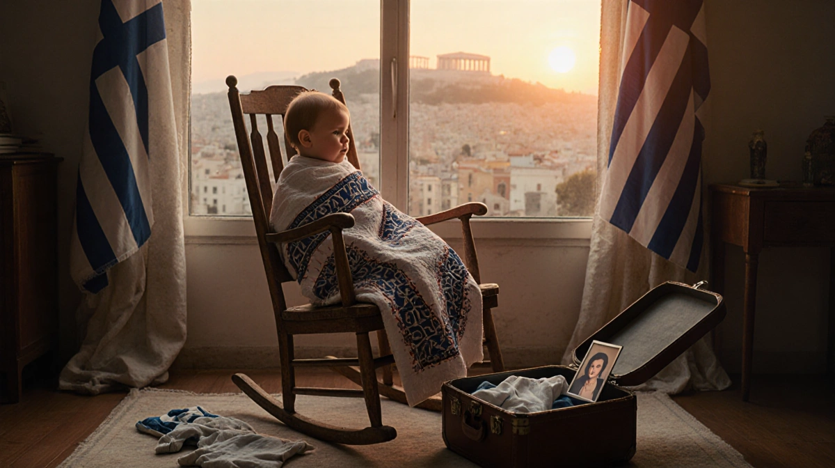 Infant Princess Irene of Greece sleeps swaddled in traditional Greek blanket with open suitcase showing baby clothes and fami