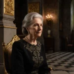 Princess Irene of Greece sits in monastery chapel with stained glass casting colorful patterns and gold accents surrounding h