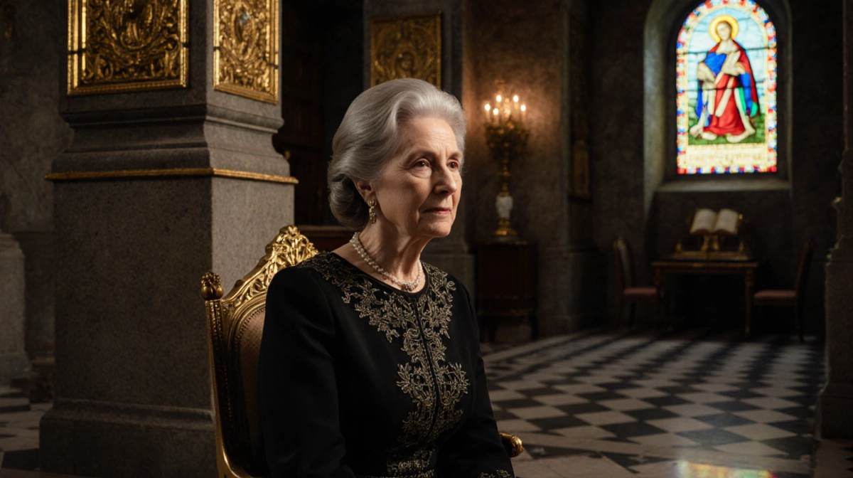 Princess Irene of Greece sits in monastery chapel with stained glass casting colorful patterns and gold accents surrounding h