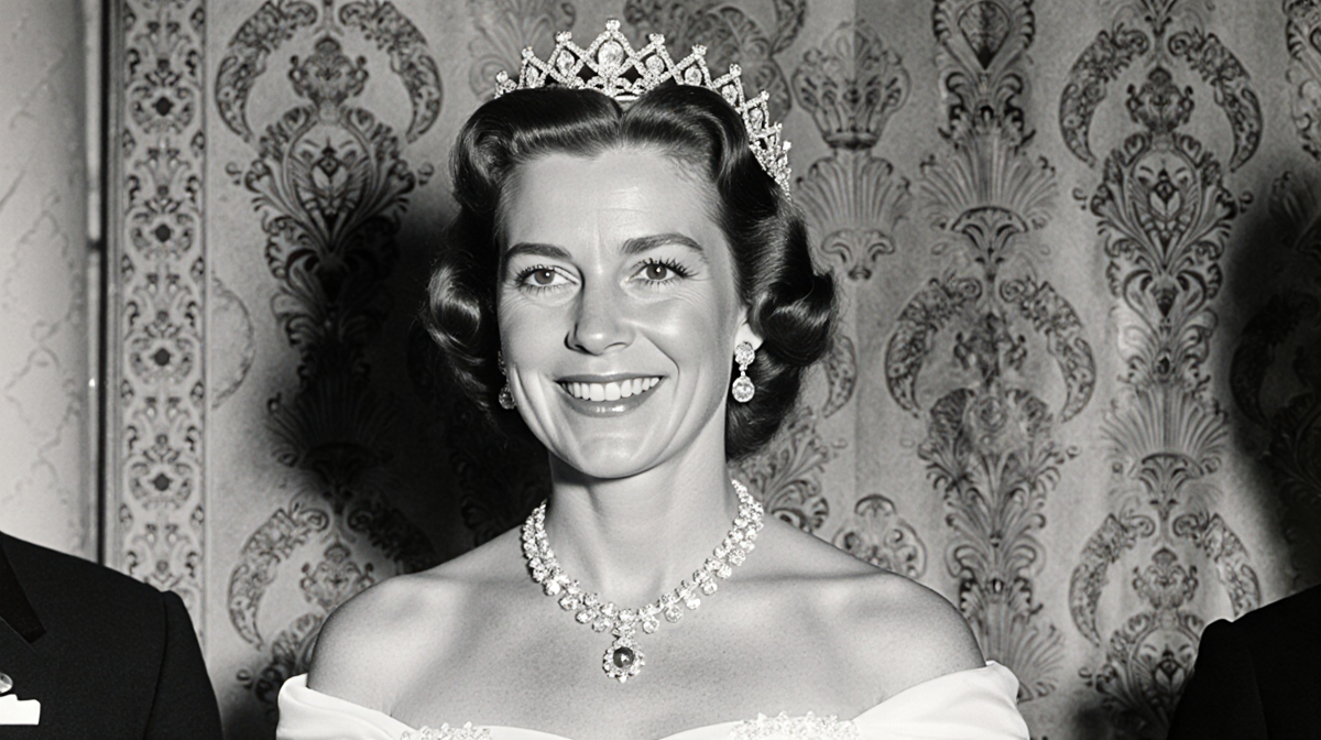 Princess Margaret smiling with Queen Mary's tiara and a subtle inauguration backdrop