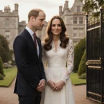 Prince William and Princess Catherine standing with attire near Duchy of Cornwall gates amid English countryside.